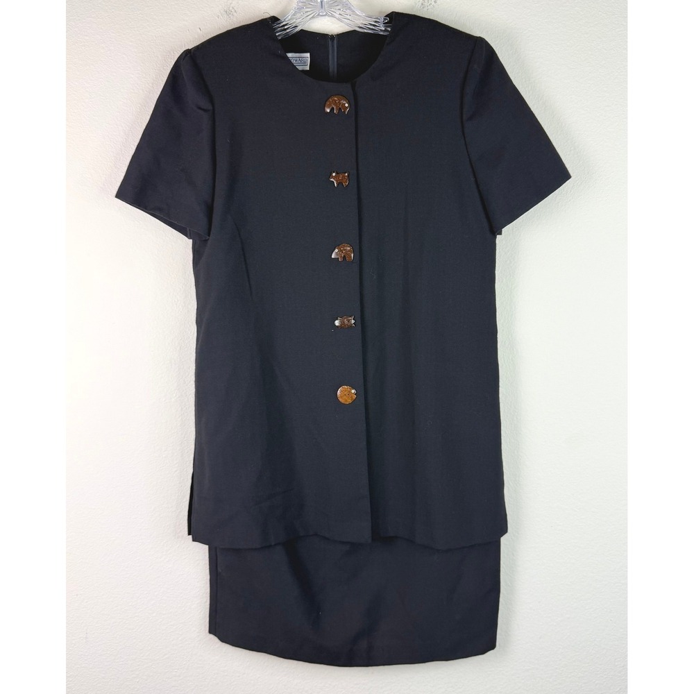 VTG Jessica Howard Dress 2 Piece Faux Womens 8 Black Elephant Novelty Button